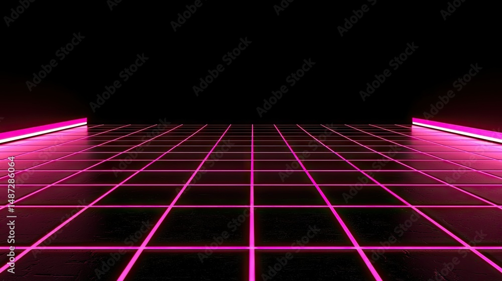 Poster a futuristic perspective of an illuminated grid with black backdrop