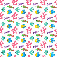 Colorful exotic fish and coral seamless pattern. Tropical seamless pattern.