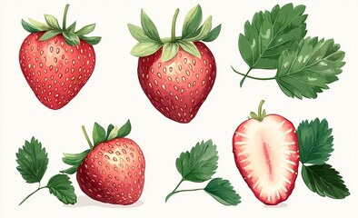 Strawberry with leaves and a half strawberry isolated on a white background, close-up. -generative ai