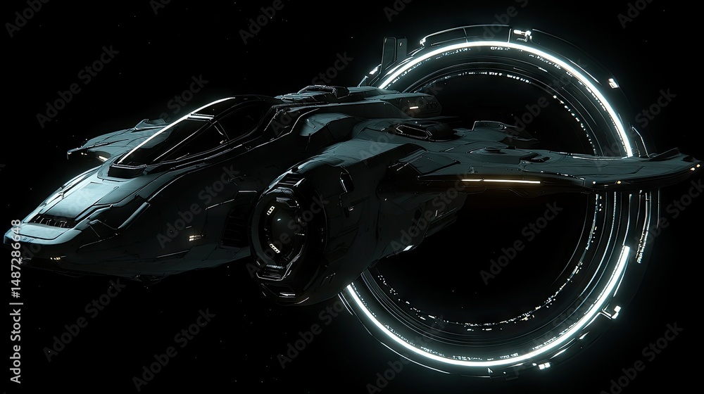 Poster futuristic spaceship in space approaching a glowing ring structure