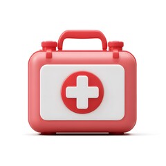 Obraz premium First aid kit in a pink container with a red cross. Healthcare and emergency medical supplies concept.