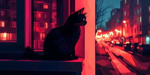 Night cityscape view from a window seat, black cat.