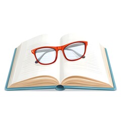 Open book with red glasses on white background