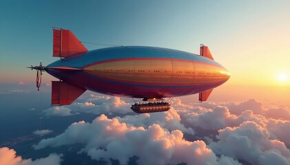 Sleek dirigible-style hot air balloon ascends, sunrise, innovation