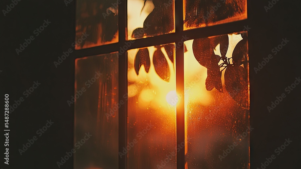 Poster golden sunlight streams through a window with foliage in view