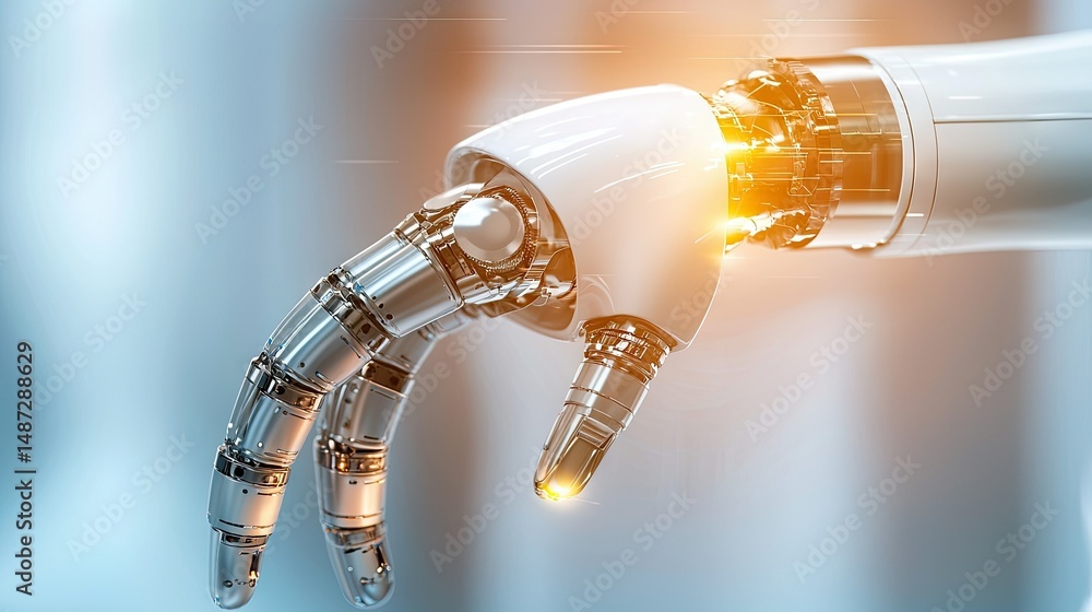Poster futuristic robotic hand extending with bright light emanating from it