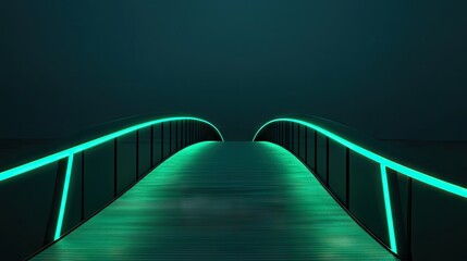 An illuminated architectural bridge with glowing teal neon lights