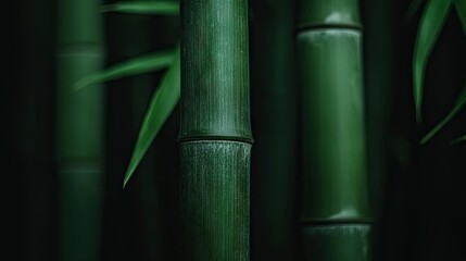 Close up view showing several green bamboo stalks in a forest