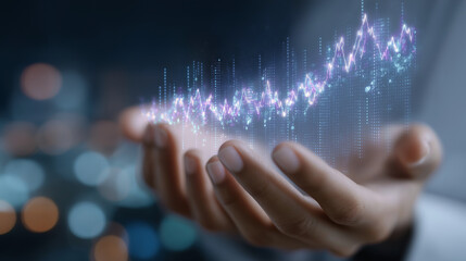 Fototapeta premium Futuristic Workspace with Holographic Stock Graphs and Evening Light