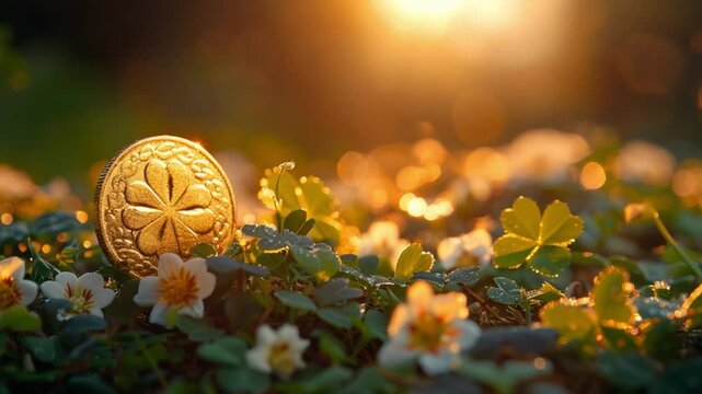 Shiny gold coins with clovers for St. Patrick's Day