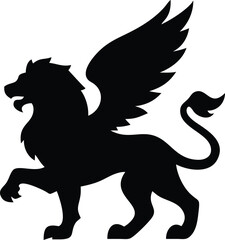 Fototapeta premium Majestic black griffin strides powerfully; its feathered wings are displayed on a white backdrop