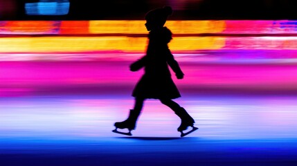 A Silhouette Of A Child Skating On Ice With Lights Background