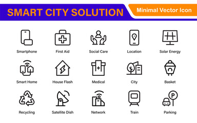 Smart City Solutions Icon Set – Minimal Line Vector Illustrations for Urban Planning, IoT, Infrastructure, Transportation, and Smart Tech Designs