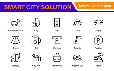 Smart City Solutions Icon Set – Minimal Line Vector Illustrations for Urban Planning, IoT, Infrastructure, Transportation, and Smart Tech Designs