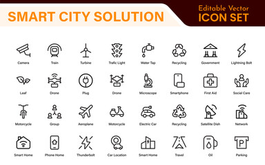 Smart City Solutions Icon Set – Minimal Line Vector Illustrations for Urban Planning, IoT, Infrastructure, Transportation, and Smart Tech Designs