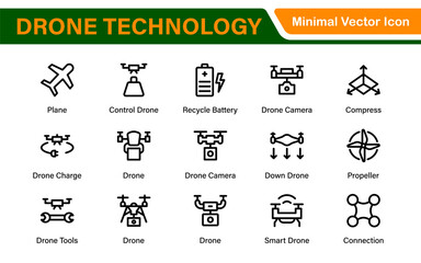 Modern Drone Technology Icons &ndash; Clean Outline, Line Art, and Vector Illustrations for Drones, UAVs, Aerial Robotics, and Digital Platforms