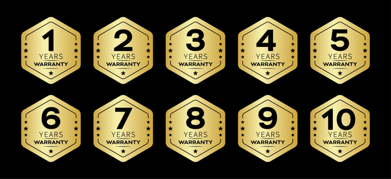1, 2, 3, 5, 10 year warranty logo set golden color in hexagon shape isolated on black background. Guarantee seals vector icons set.