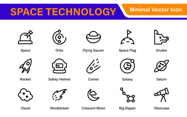 Modern Space Exploration Technology Icons – Outline, Line Art, Vector Illustrations for Rocket Science, Satellites, Astronauts, and Future Missions