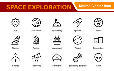 Modern Space Exploration Technology Icons – Outline, Line Art, Vector Illustrations for Rocket Science, Satellites, Astronauts, and Future Missions