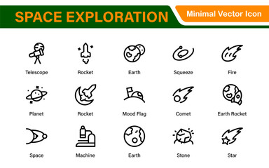 Modern Space Exploration Technology Icons – Outline, Line Art, Vector Illustrations for Rocket Science, Satellites, Astronauts, and Future Missions