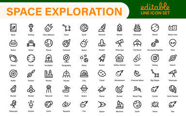 Modern Space Exploration Technology Icons – Outline, Line Art, Vector Illustrations for Rocket Science, Satellites, Astronauts, and Future Missions