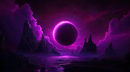 A celestial landscape features mountains and a large luminous planet