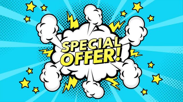 animated motion graphic pop art explosion with text special offer!, halftone vintage background style 4K video background