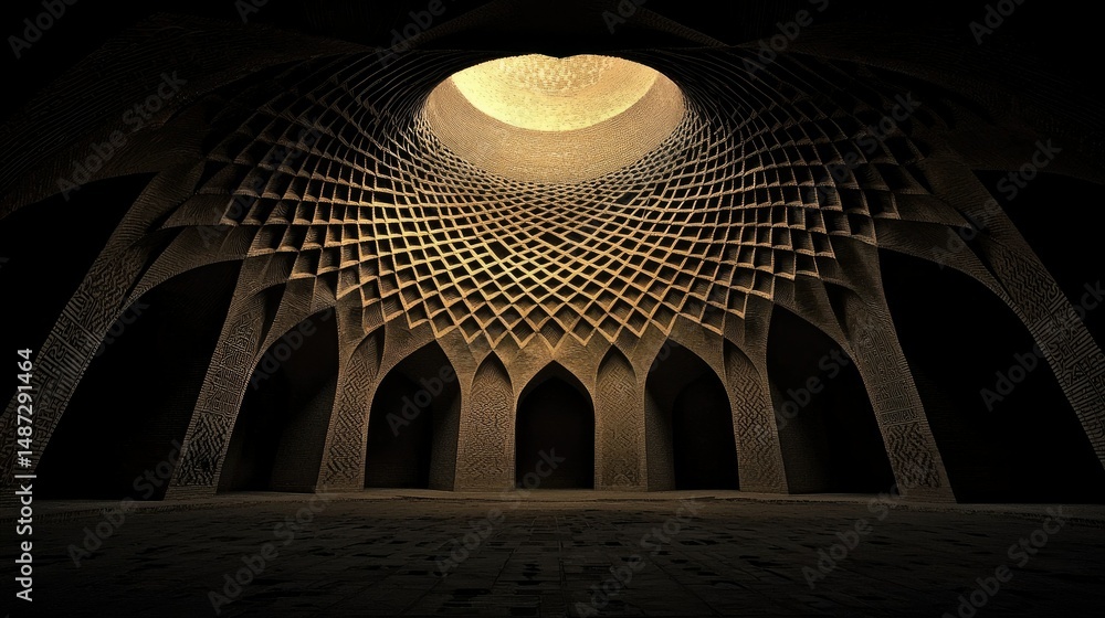 Poster interior architectural structure features a light source from the ceiling aperture