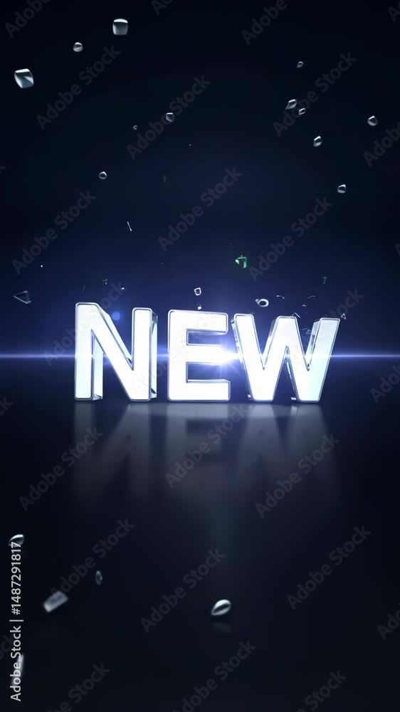 Poster the word new is written in white letters on a blue background. the letters are outlined in silver an
