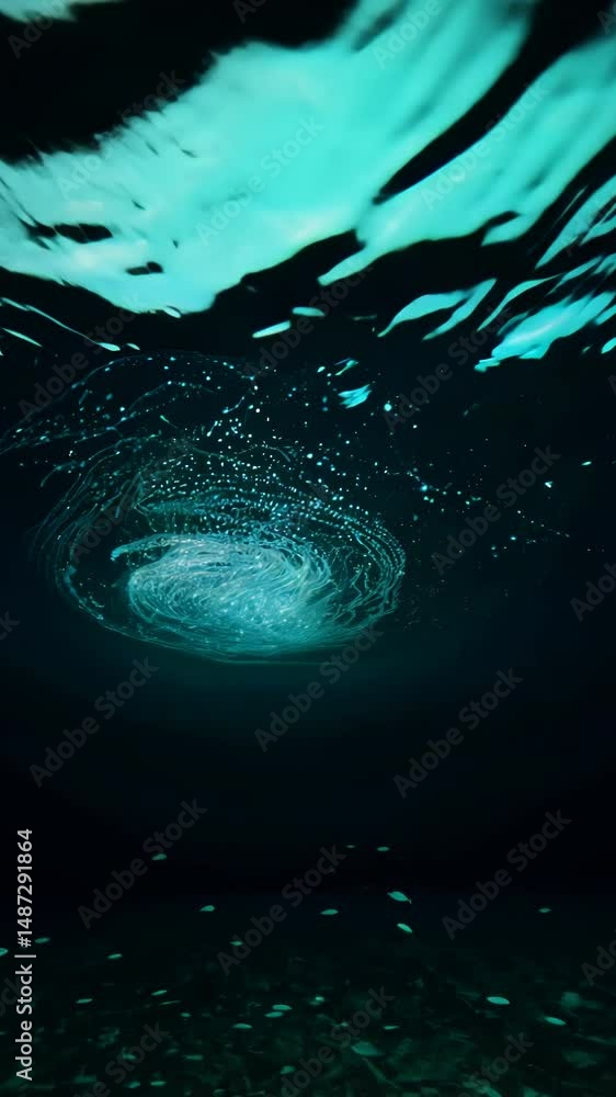 Poster a blue ocean with a lot of bubbles. the bubbles are white and are floating in the water