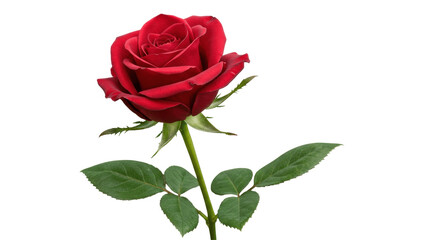 Vibrant Single Red Rose with Stem and Leaves Isolated on Transparent PNG Background