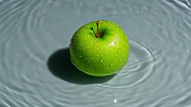 Emerald Essence: An eye-level, high-angle view captures a verdant green apple nestled serenely amidst rippling water, glistening with delicate droplets. A symbol of natural freshness.