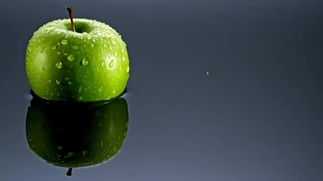 The Emerald Apple: A striking single green apple, glistening with droplets, floats gently in a pool of water, its reflection mirroring the fruit's vibrant hue and freshness.