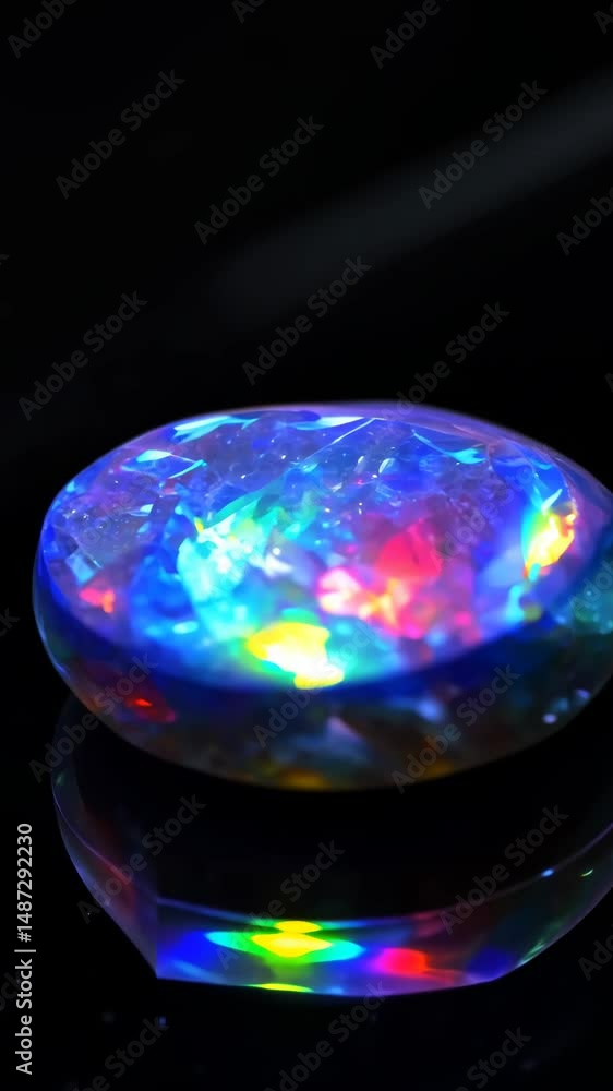 Poster a colorful gemstone with a rainbow pattern. it is sitting on a black surface. the gemstone is large 