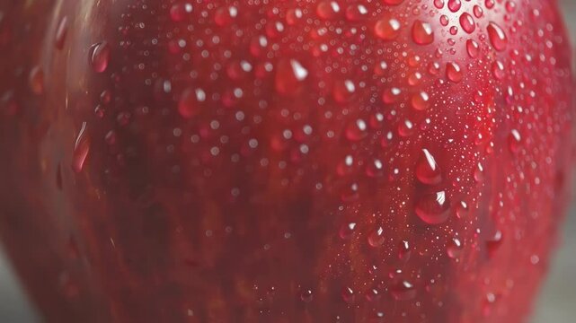 Red Apple with Dew Drops: A macro shot of a vibrant red apple, glistening with fresh dew drops, capturing the essence of crispness and natural beauty.