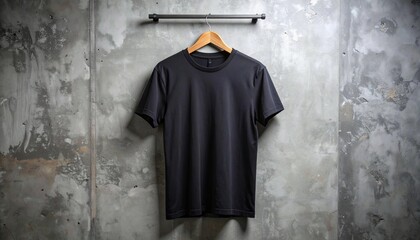 Industrial t-shirt mockup: dark tee on metal hanger against rough concrete wall, moody lighting. Concept Mockup fashion. 