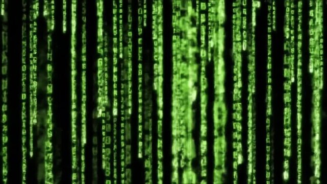 Cascading lines of green digital code in a matrix pattern  
