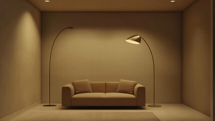 Serene Retreat: Minimalist living room decor with a beige sofa, two stylish lamps casting a warm glow, evokes a sense of tranquility and sophistication.