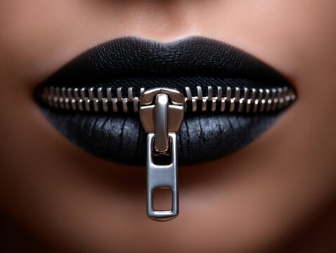 close-up photograph of lips tightly sealed with a zipper