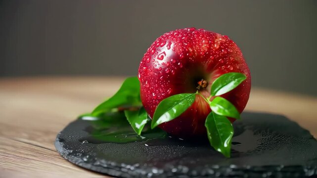 Crimson Apple: A vibrant close-up shot captures a perfect crimson apple, glistening with droplets, nestled beside fresh green leaves on a rustic stone surface.