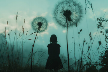 A person in a black dress observes dandelions in a misty field, creating a magical scene. Generative AI