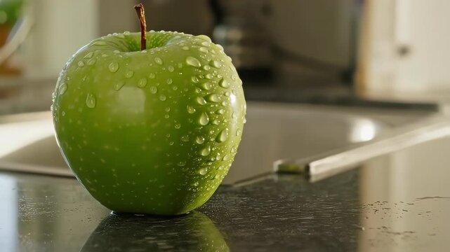 Crisp Green Apple Delight: A close-up captures a vibrant green apple, glistening with fresh water droplets, creating a simple yet visually appealing image. 