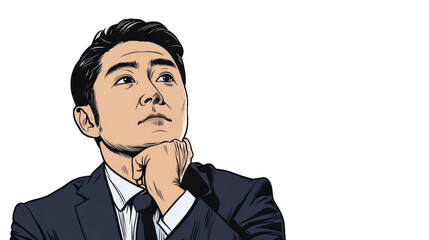 Thinking businessman in suit reflecting ideas in modern office professional environment creative concept