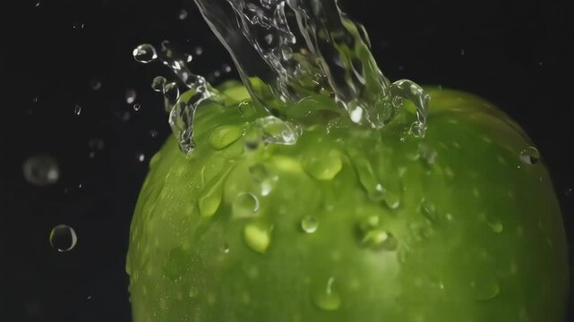 Water cascade on Green Apple: A close-up shot captures the refreshing essence of a crisp green apple as water cascades over its surface, creating a dynamic display of nature's bounty.