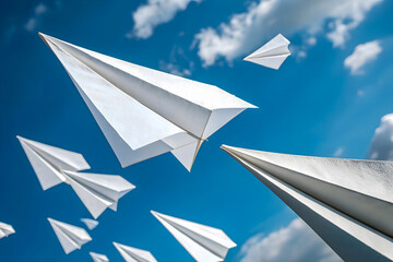 Multiple white paper airplanes soaring through bright blue sky, freedom and aspiration concept, creativity and imagination in flight, upward movement and success symbolism