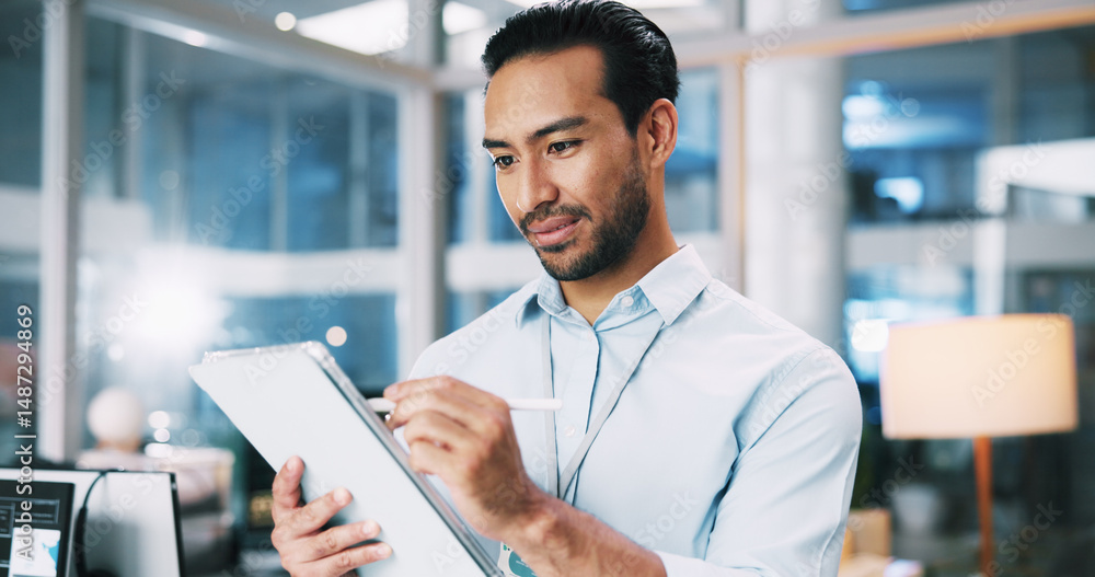 Poster Man, developer and writing on tablet in office of programming, software support and troubleshooting. Male person, digital and coding app for website development, testing server and system application