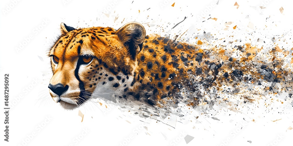 Poster abstract cheetah portrait with dynamic splatters.