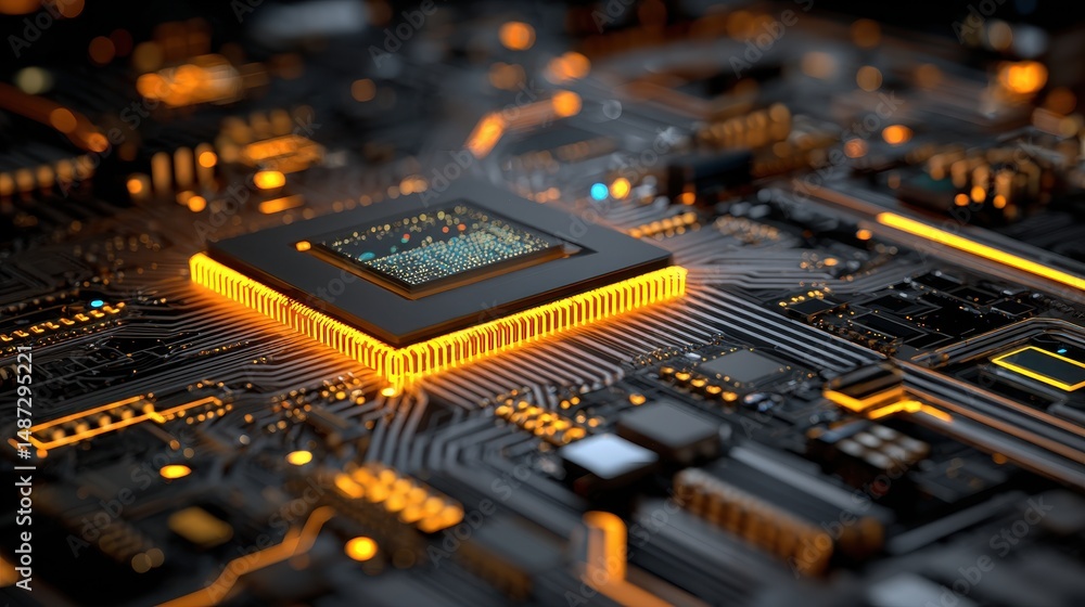 Poster close-up view of modern microprocessor on printed circuit board with neon lights and intricate elect