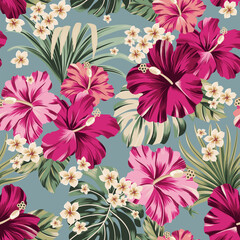 seamless pattern Exotic hawaiian tropical hibiscus flowers and palm on black background  artwork for fabrics, souvenirs, packaging, greeting cards and scrapbooking