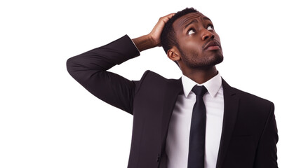 Confused businessman in formal attire indoor office setting portrait image professional environment reflective concept